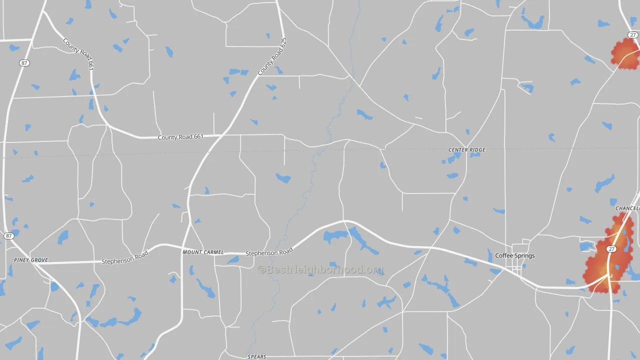 Walk Grade map of Sellersville, AL, walkable areas in green and car-dependent areas in red
