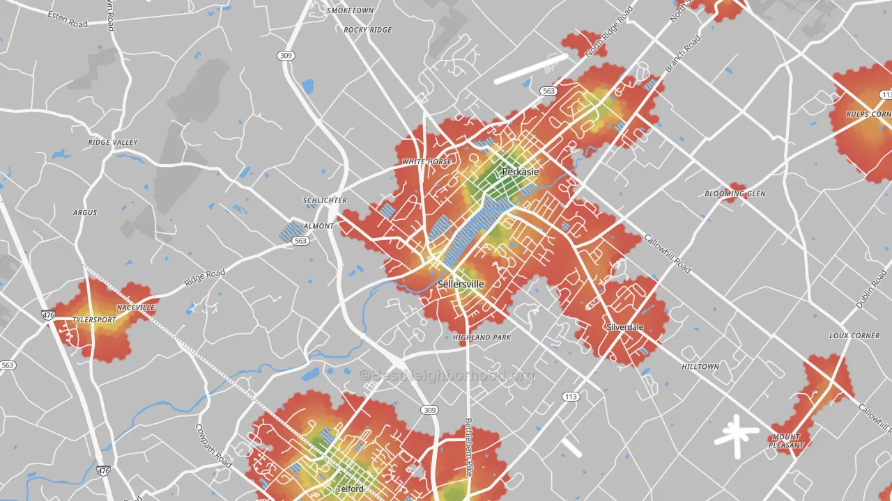 Walk Grade map of Sellersville, PA, walkable areas in green and car-dependent areas in red