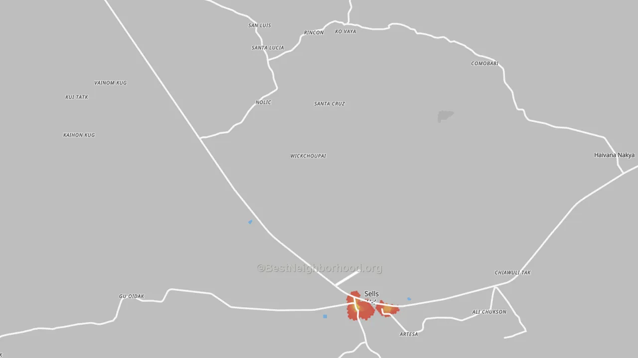 Walk Grade map of Sells, AZ, walkable areas in green and car-dependent areas in red