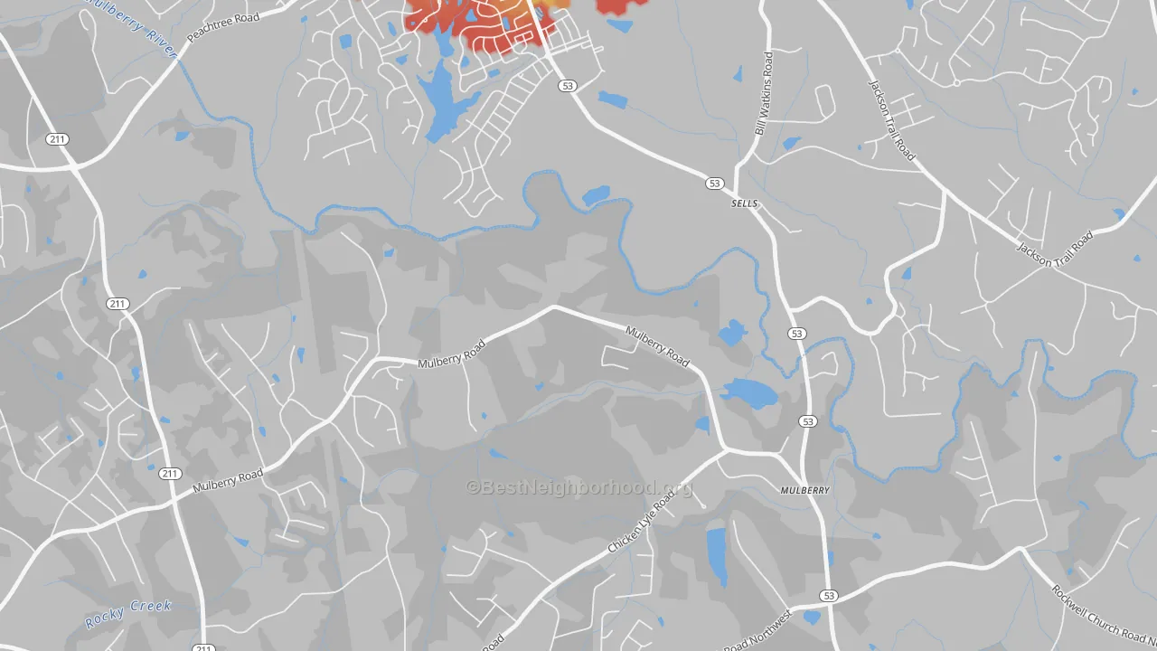 Walk Grade map of Sells, GA, walkable areas in green and car-dependent areas in red