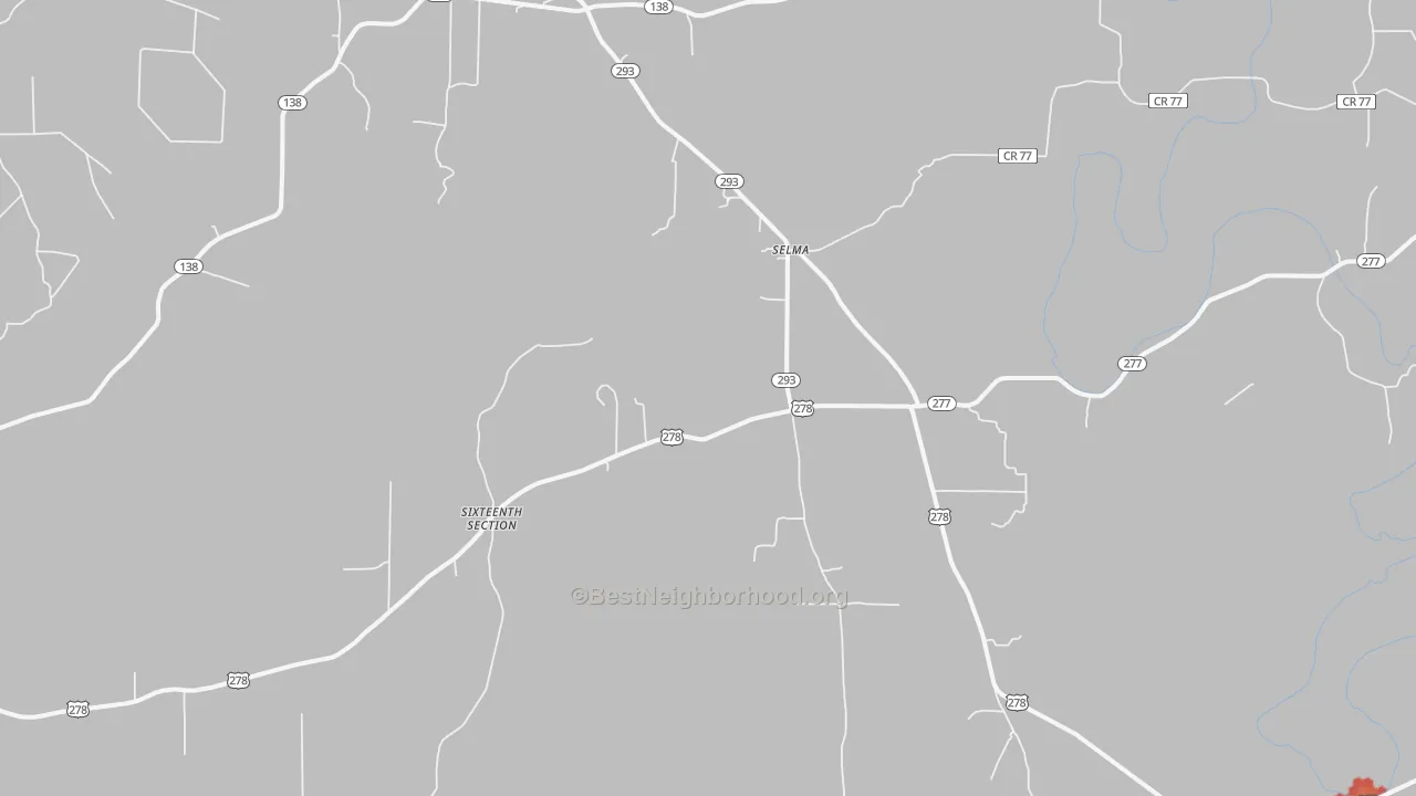 Walk Grade map of Selma, AR, walkable areas in green and car-dependent areas in red