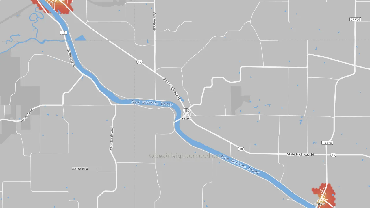 Walk Grade map of Selma, IA, walkable areas in green and car-dependent areas in red
