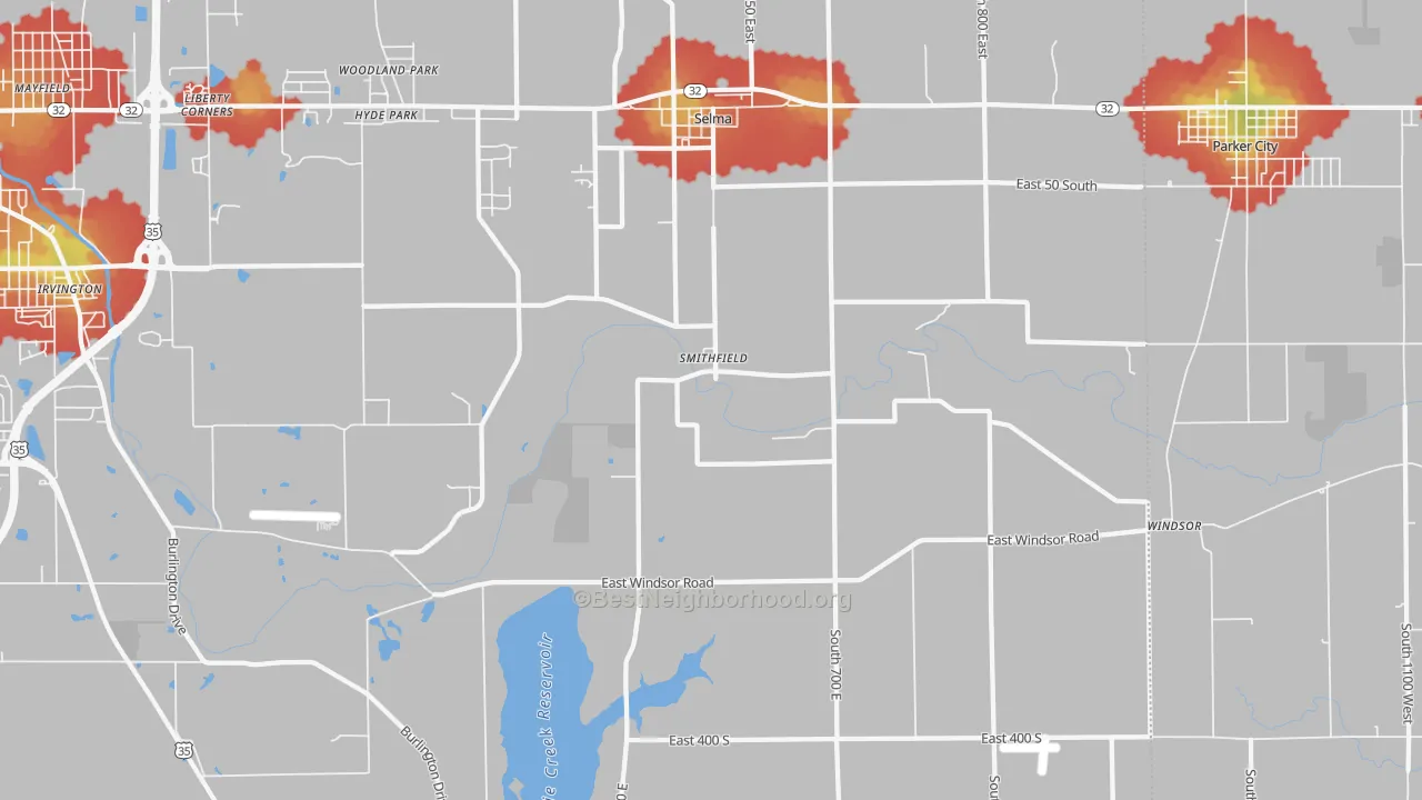 Walk Grade map of Selma, IN, walkable areas in green and car-dependent areas in red