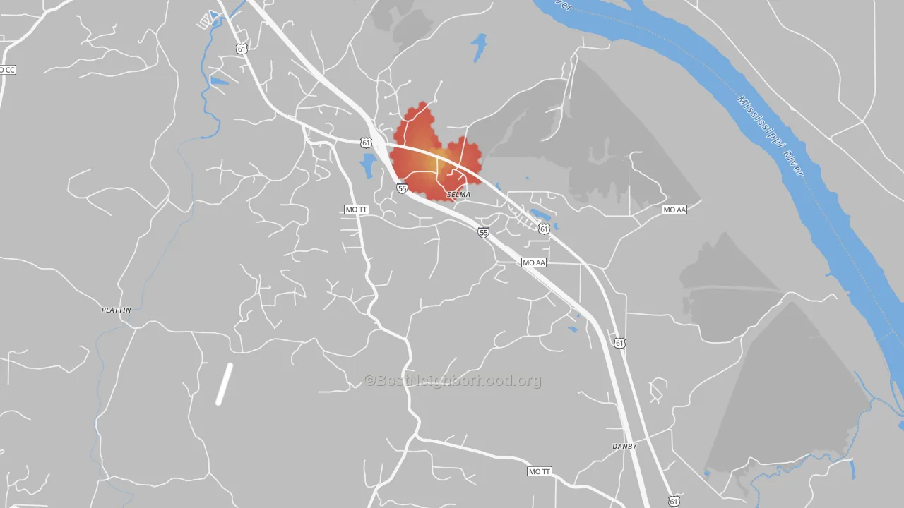 Walk Grade map of Selma, MO, walkable areas in green and car-dependent areas in red