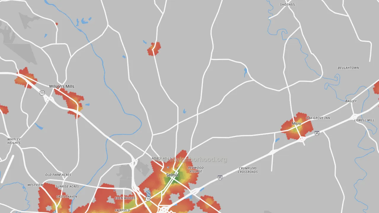 Walk Grade map of Selma, NC, walkable areas in green and car-dependent areas in red