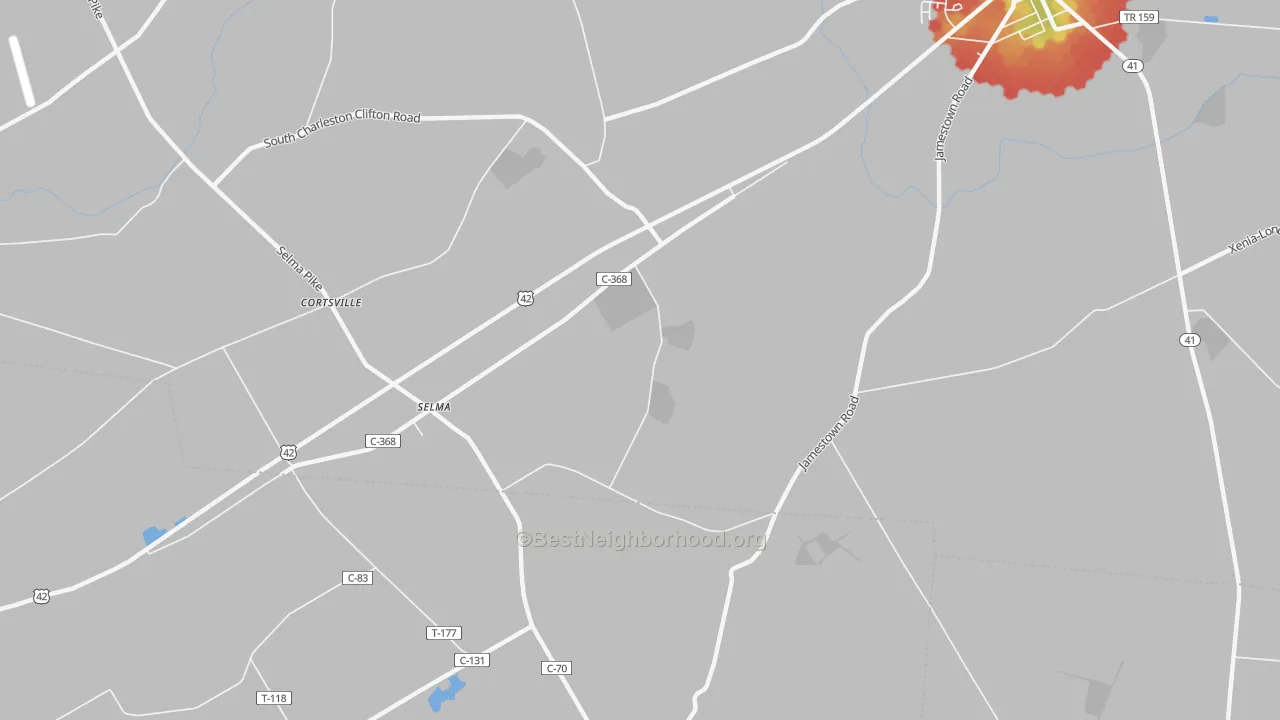 Walk Grade map of Selma, OH, walkable areas in green and car-dependent areas in red