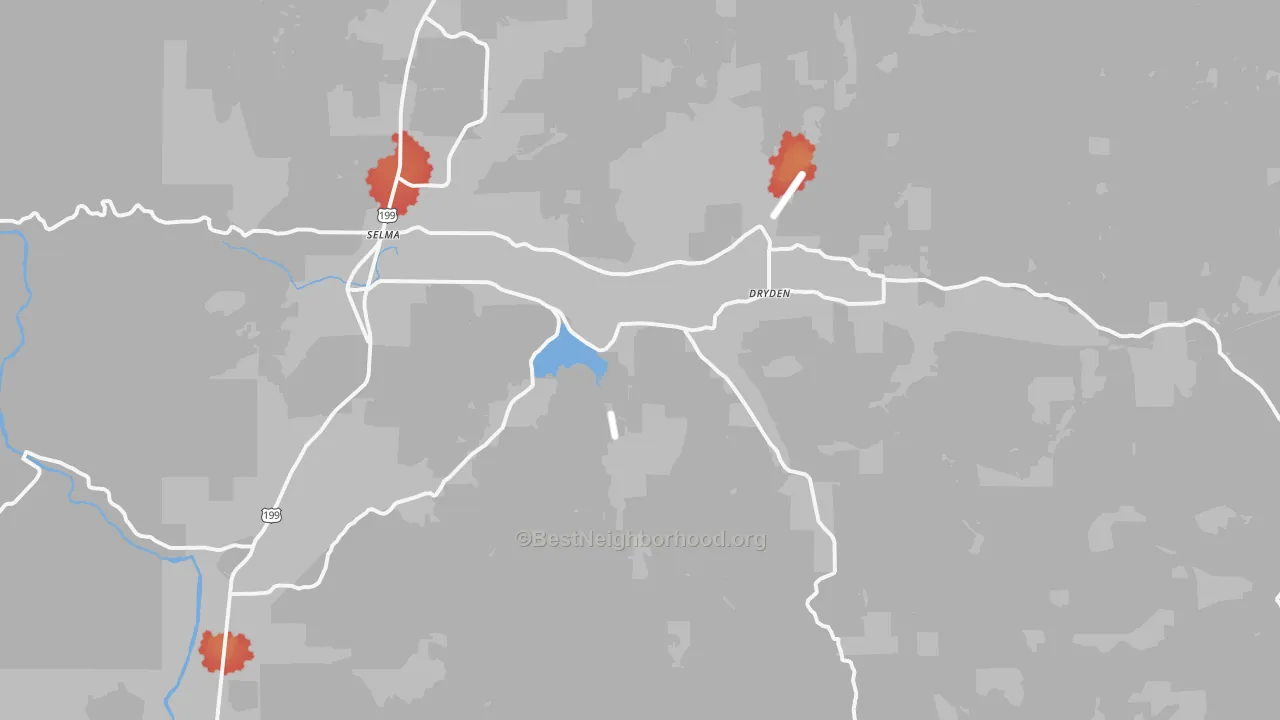 Walk Grade map of Selma, OR, walkable areas in green and car-dependent areas in red