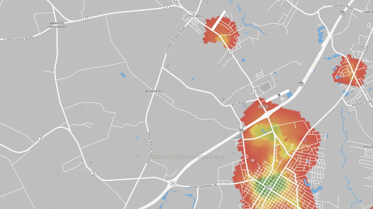 Walk Grade map of Selma, SC, walkable areas in green and car-dependent areas in red