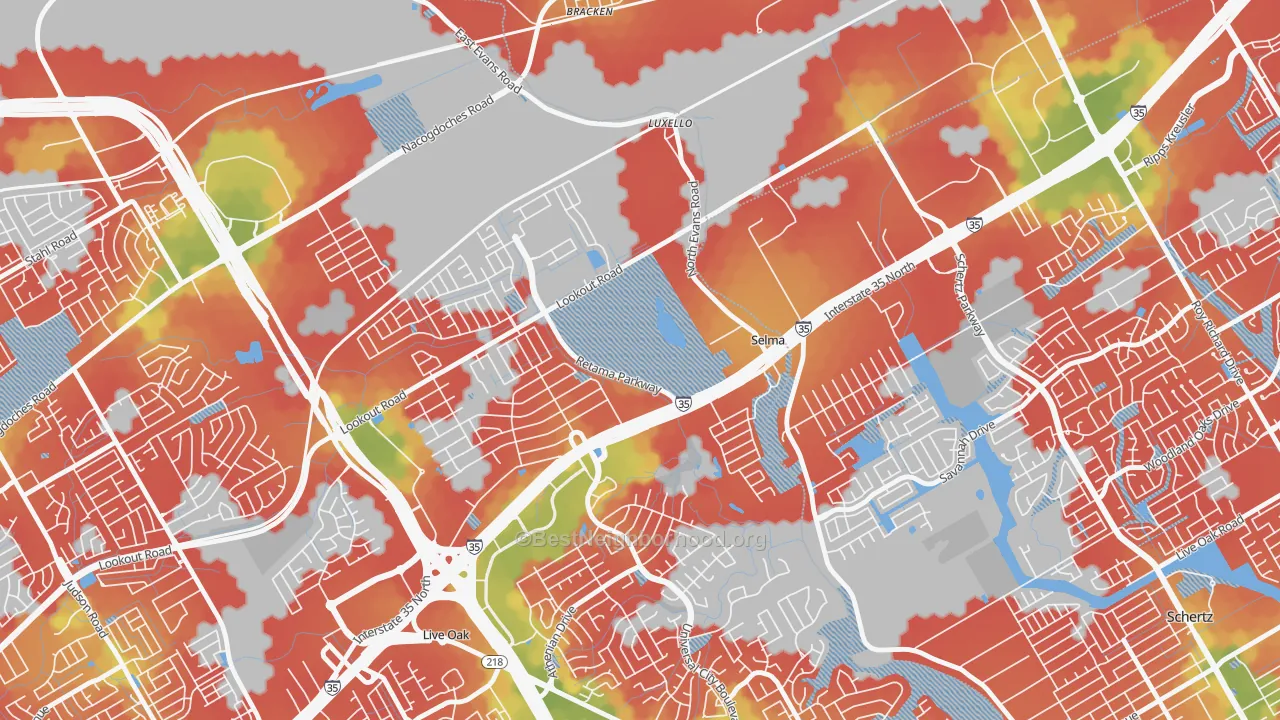 Walk Grade map of Selma, TX, walkable areas in green and car-dependent areas in red
