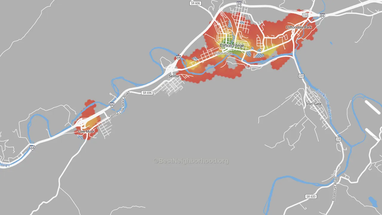 Walk Grade map of Selma, VA, walkable areas in green and car-dependent areas in red
