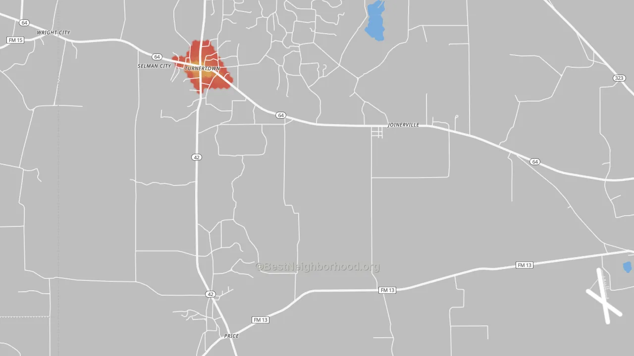 Walk Grade map of Selman City, TX, walkable areas in green and car-dependent areas in red
