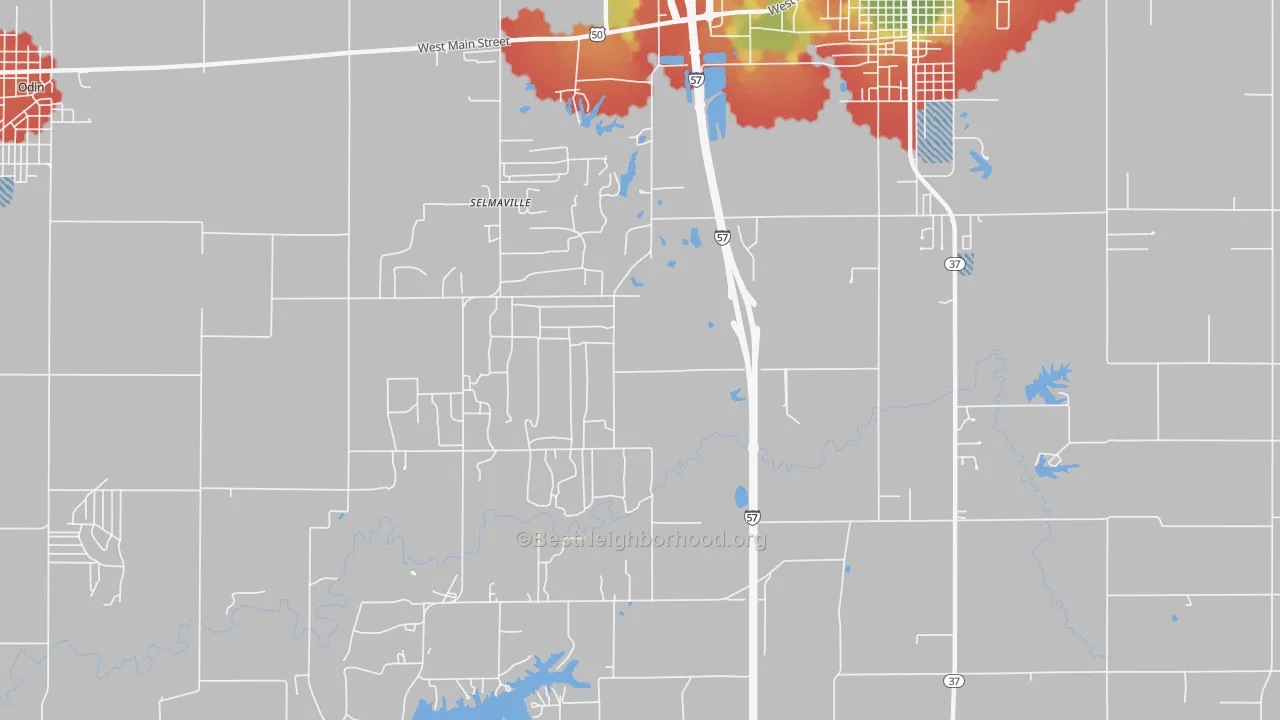 Walk Grade map of Selmaville, IL, walkable areas in green and car-dependent areas in red