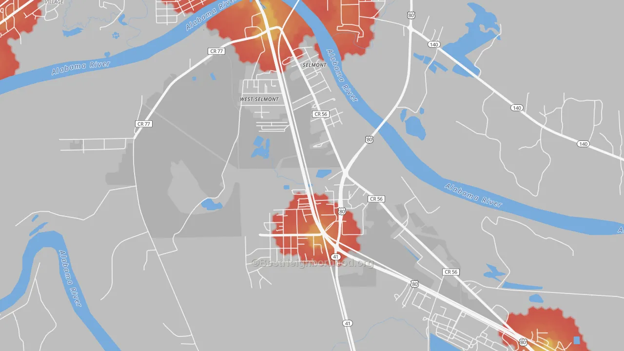 Walk Grade map of Selmont-West Selmont, AL, walkable areas in green and car-dependent areas in red