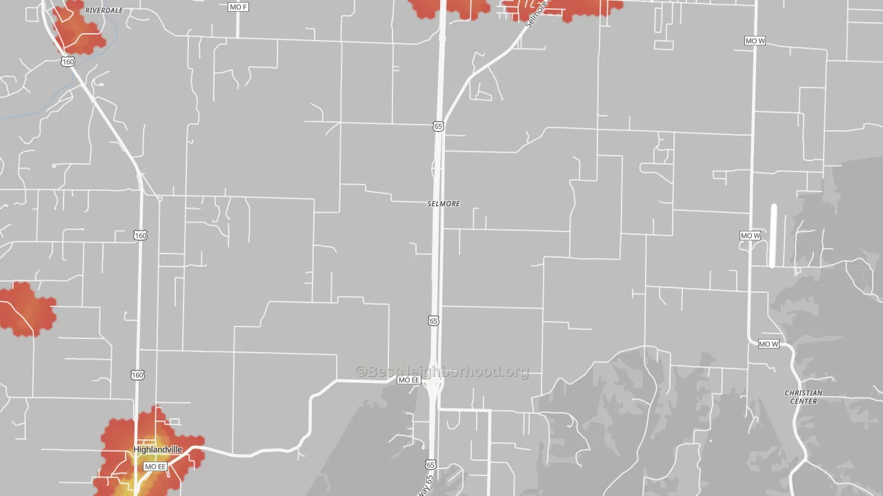 Walk Grade map of Selmore, MO, walkable areas in green and car-dependent areas in red