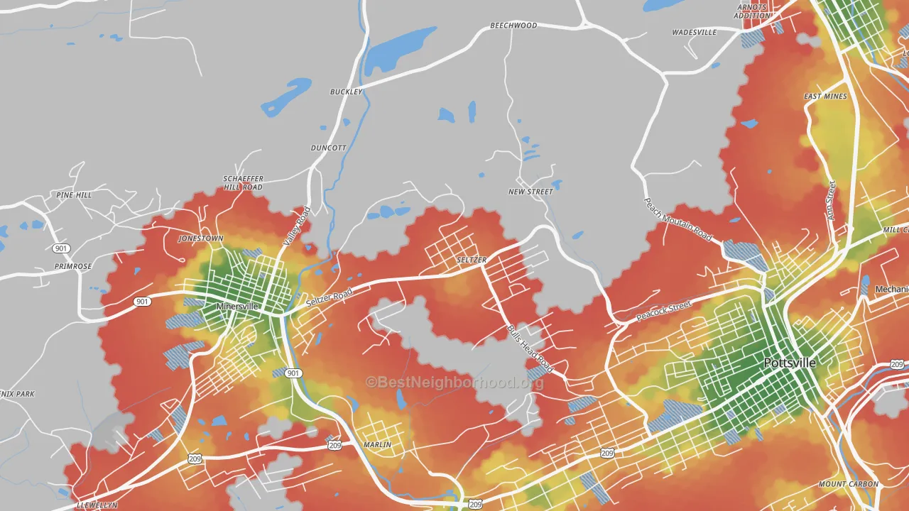 Walk Grade map of Seltzer, PA, walkable areas in green and car-dependent areas in red