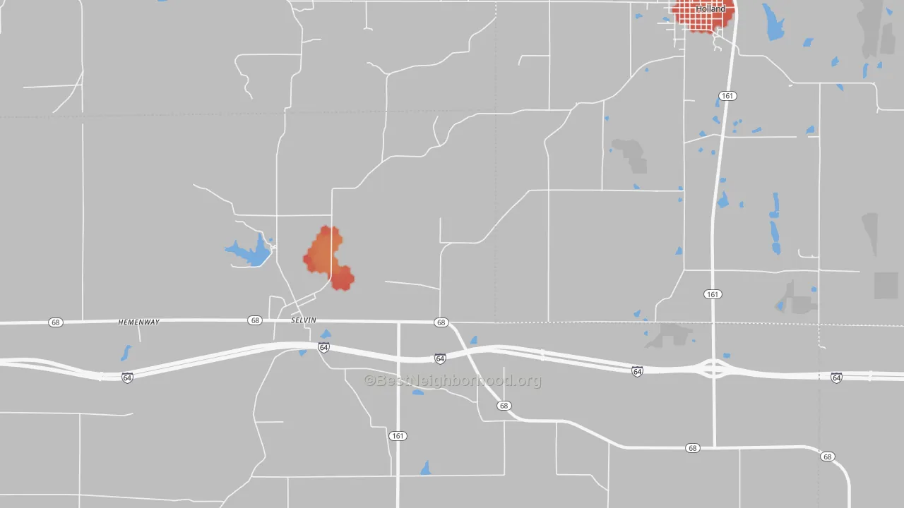 Walk Grade map of Selvin, IN, walkable areas in green and car-dependent areas in red