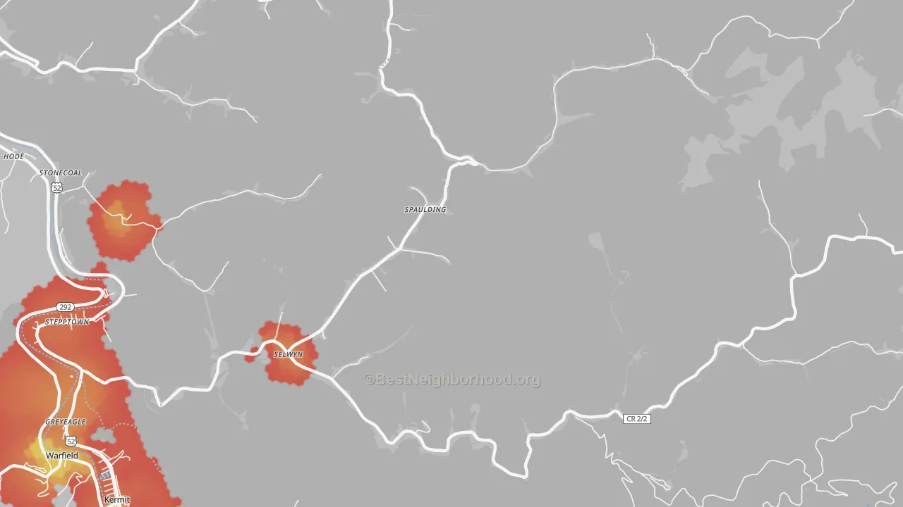 Walk Grade map of Selwyn, WV, walkable areas in green and car-dependent areas in red
