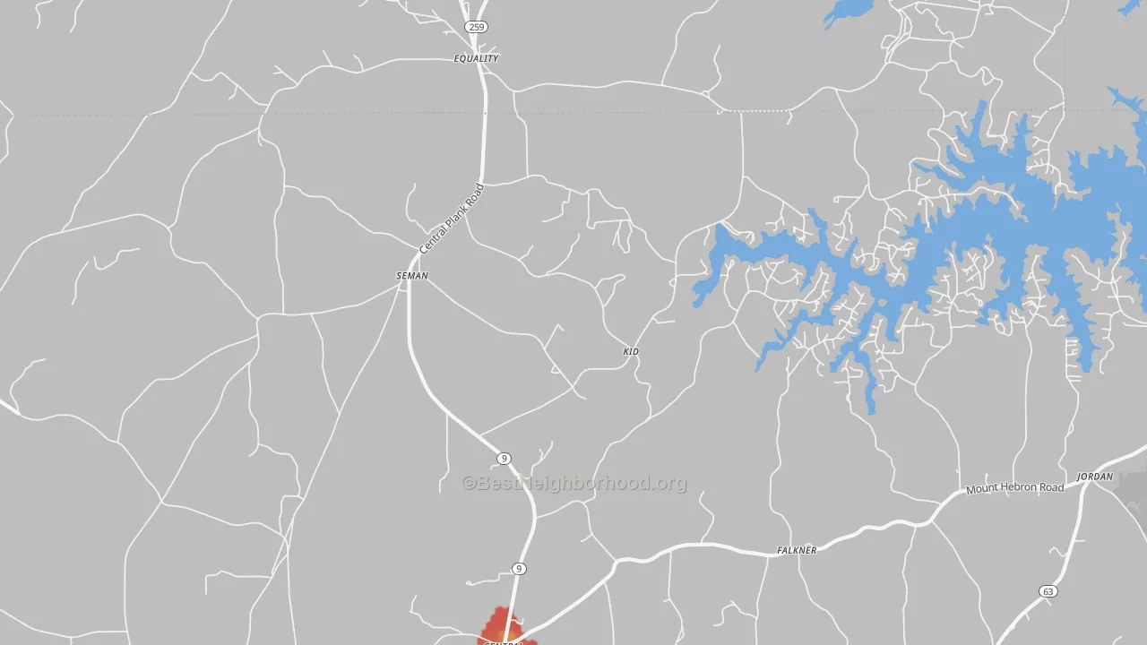 Walk Grade map of Seman, AL, walkable areas in green and car-dependent areas in red