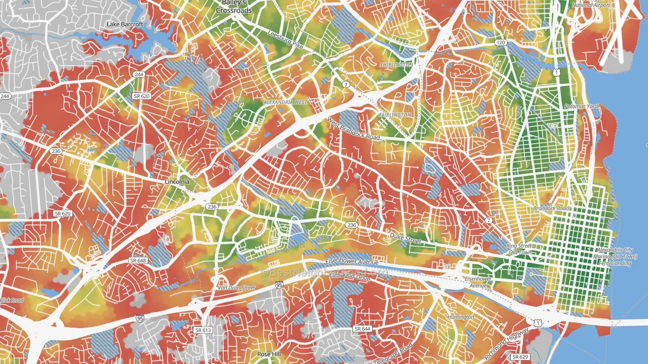 Walk Grade map of Seminary Hill, Alexandria, VA, walkable areas in green and car-dependent areas in red