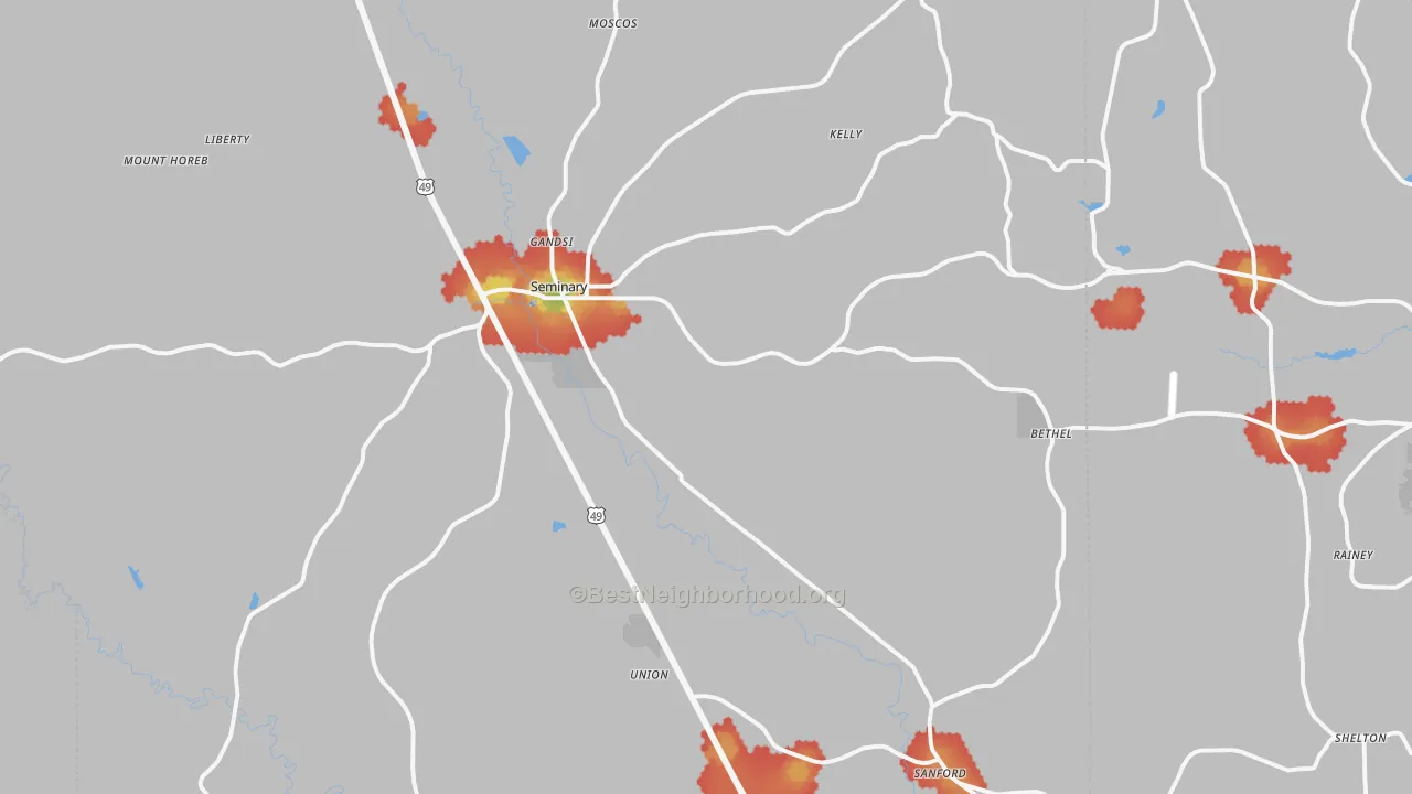 Walk Grade map of Seminary, MS, walkable areas in green and car-dependent areas in red