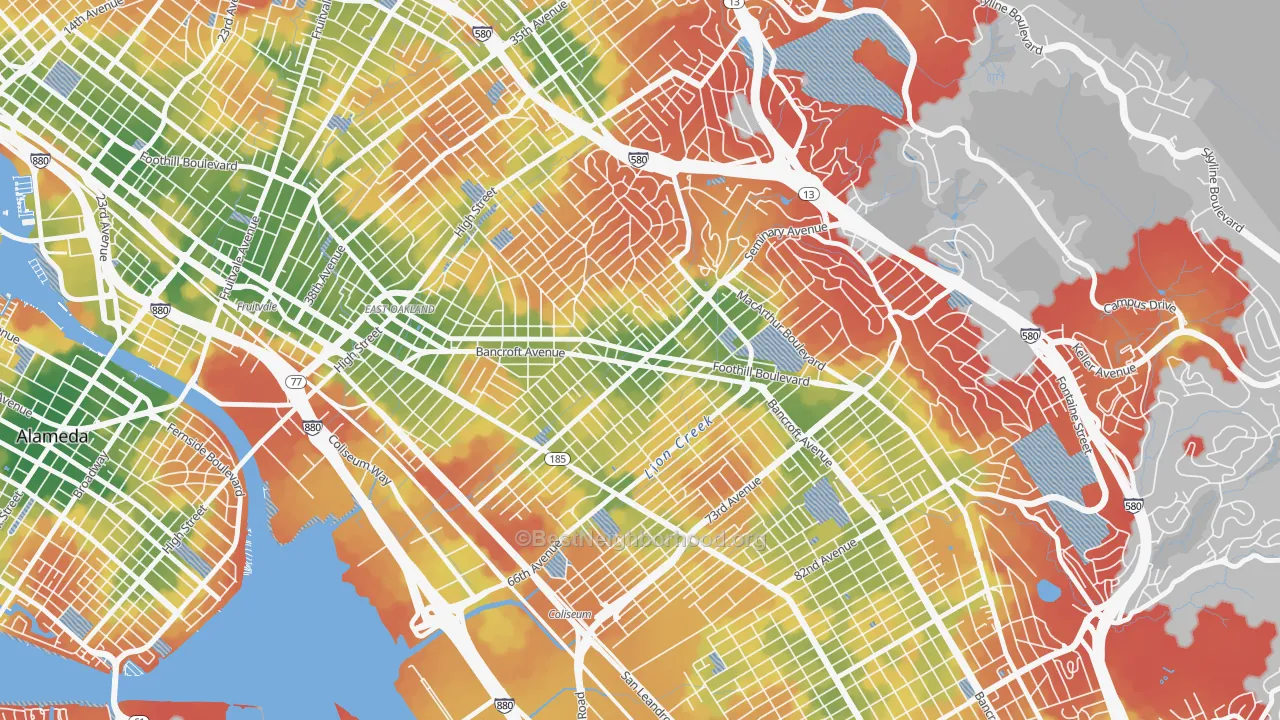 Walk Grade map of Seminary, Oakland, CA, walkable areas in green and car-dependent areas in red