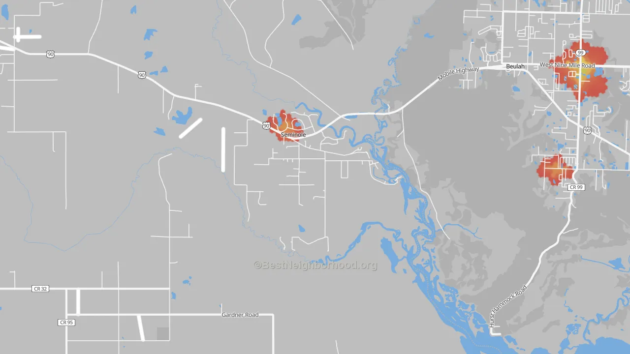 Walk Grade map of Seminole, AL, walkable areas in green and car-dependent areas in red