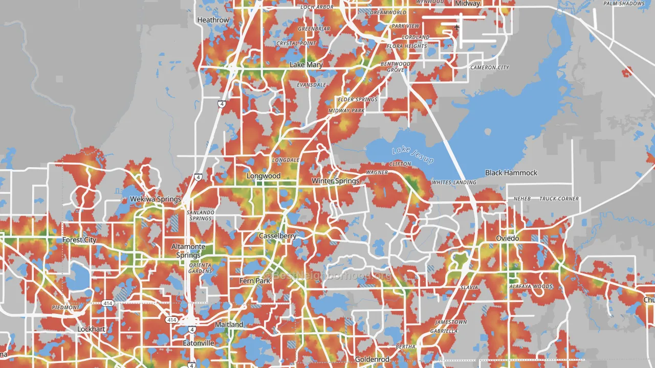 Walk Grade map of Seminole County, FL, walkable areas in green and car-dependent areas in red