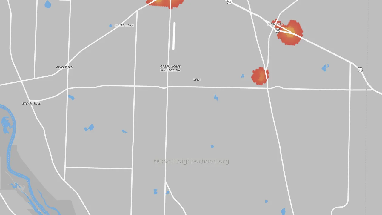 Walk Grade map of Seminole County, GA, walkable areas in green and car-dependent areas in red