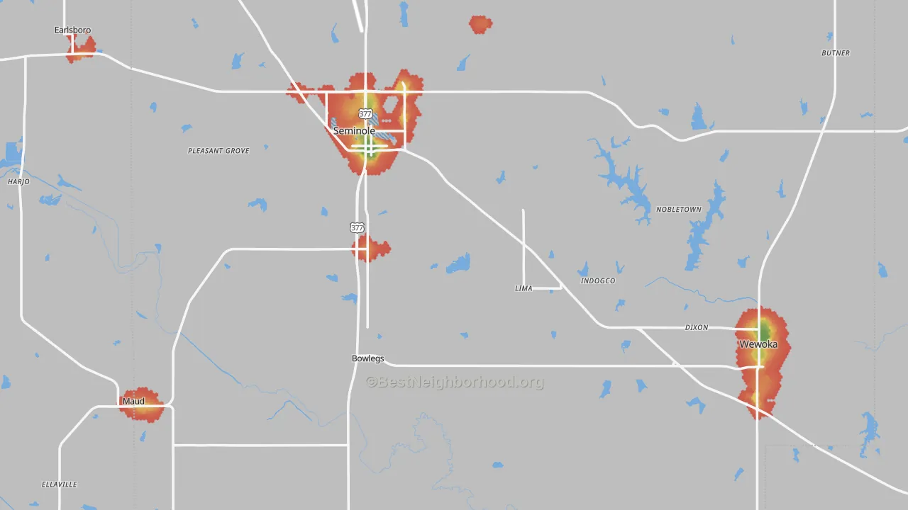 Walk Grade map of Seminole County, OK, walkable areas in green and car-dependent areas in red