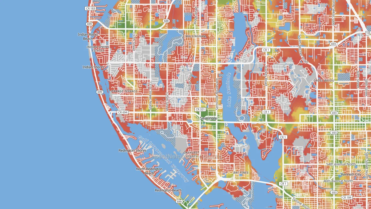 Walk Grade map of Seminole, FL, walkable areas in green and car-dependent areas in red