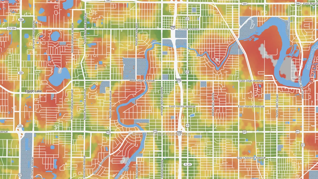 Walk Grade map of Seminole Heights, Tampa, FL, walkable areas in green and car-dependent areas in red