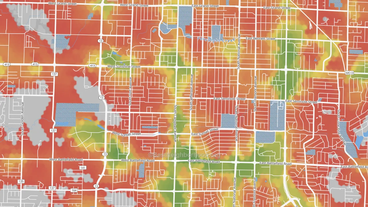 Walk Grade map of Seminole Holland, Springfield, MO, walkable areas in green and car-dependent areas in red