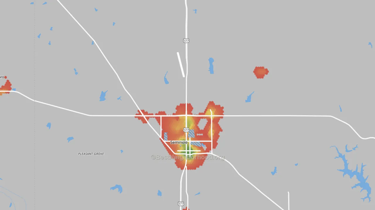 Walk Grade map of Seminole, OK, walkable areas in green and car-dependent areas in red