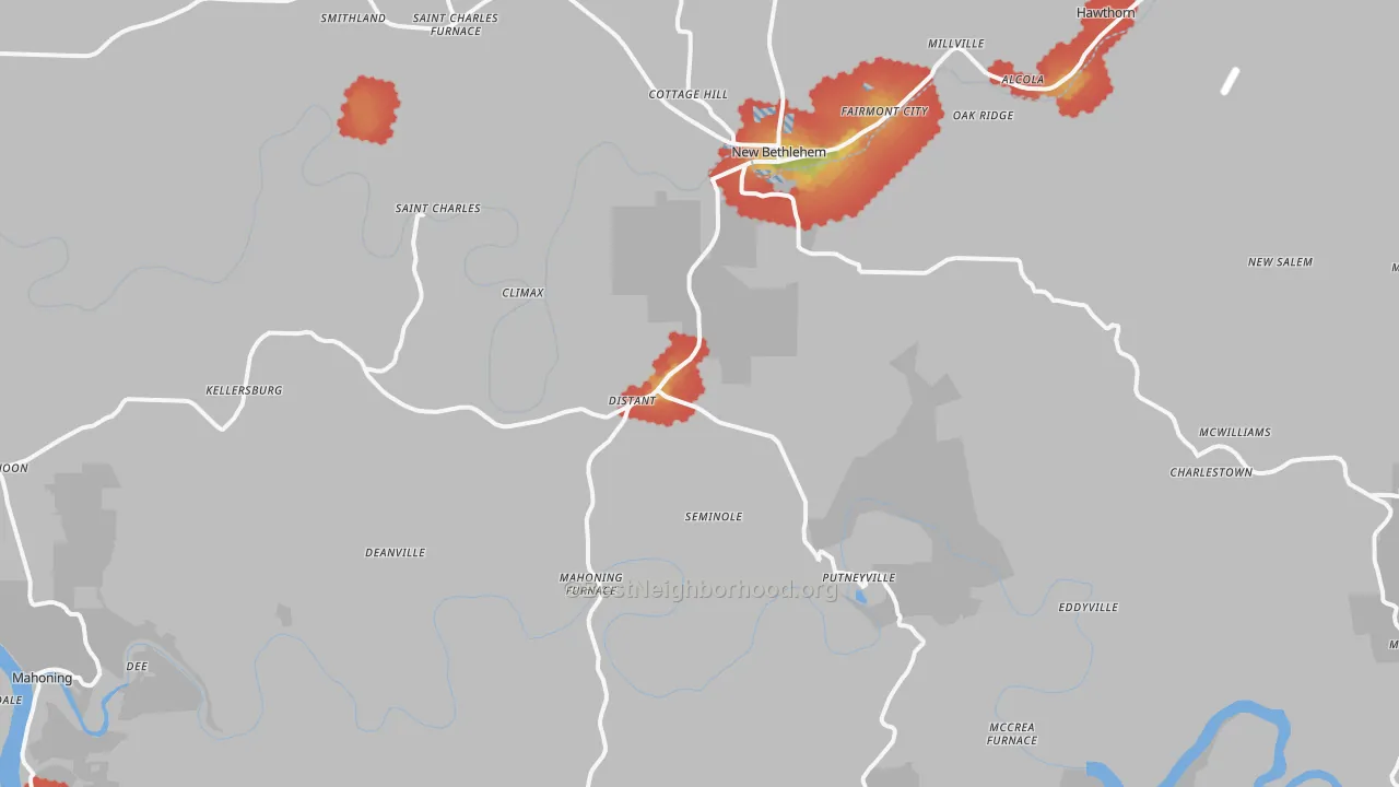 Walk Grade map of Seminole, PA, walkable areas in green and car-dependent areas in red