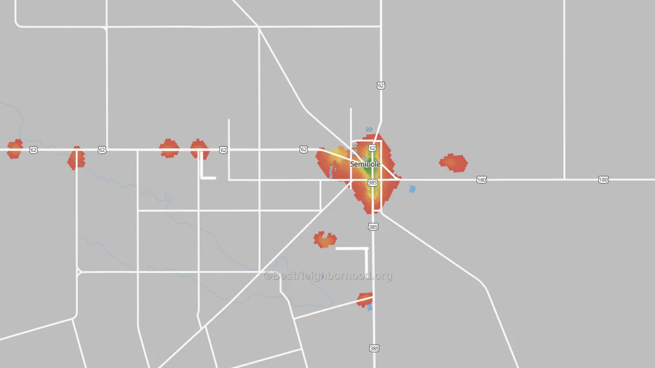 Walk Grade map of Seminole, TX, walkable areas in green and car-dependent areas in red