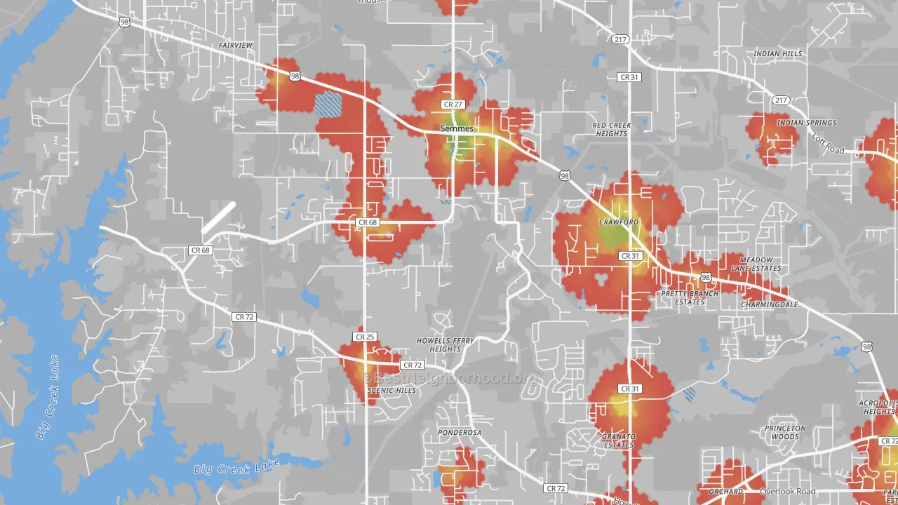 Walk Grade map of Semmes, AL, walkable areas in green and car-dependent areas in red