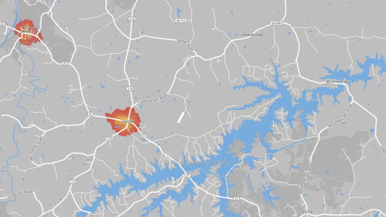 Walk Grade map of Semora, NC, walkable areas in green and car-dependent areas in red