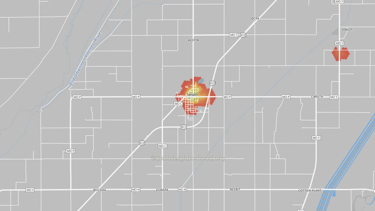 Walk Grade map of Senath, MO, walkable areas in green and car-dependent areas in red