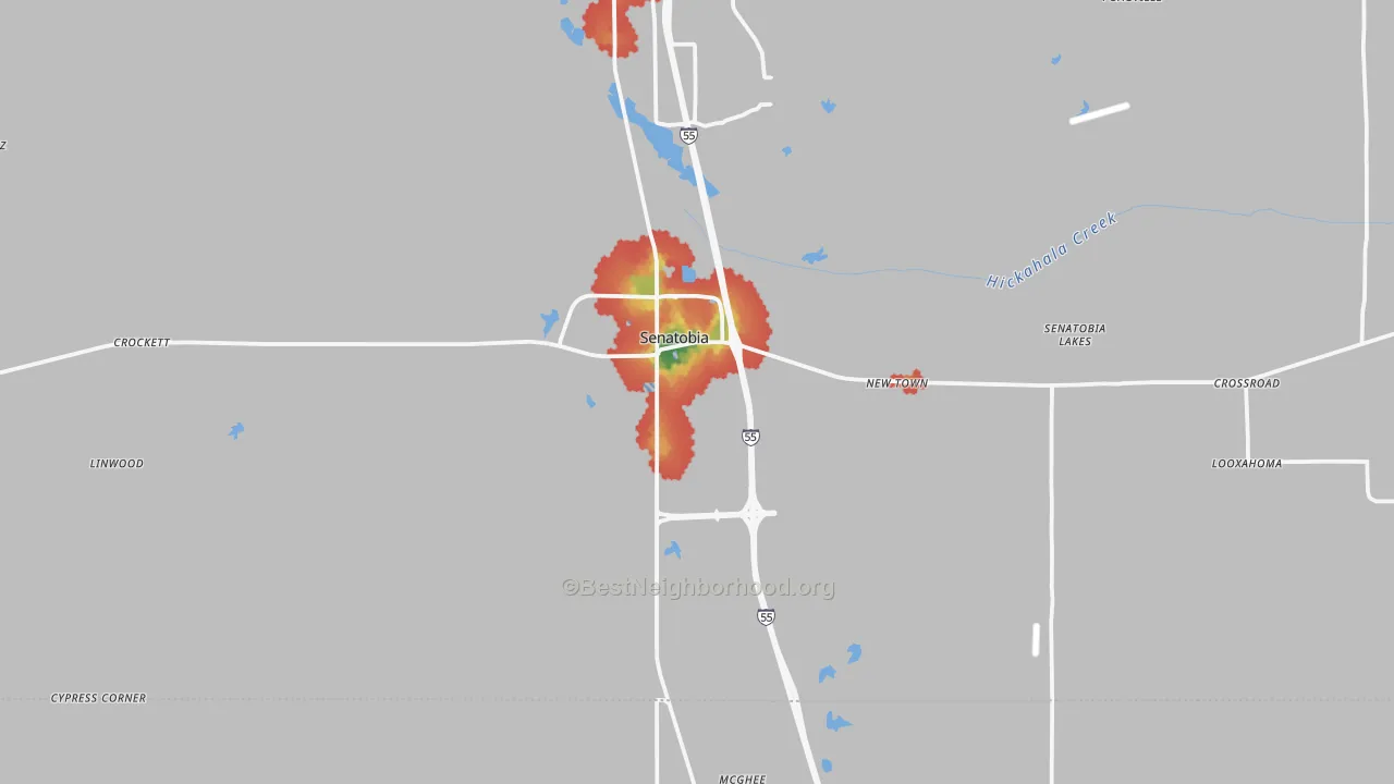 Walk Grade map of Senatobia, MS, walkable areas in green and car-dependent areas in red