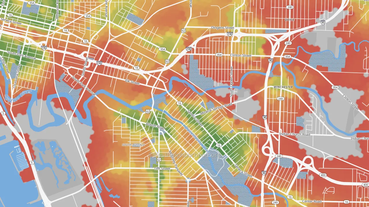 Walk Grade map of Seneca, Buffalo, NY, walkable areas in green and car-dependent areas in red