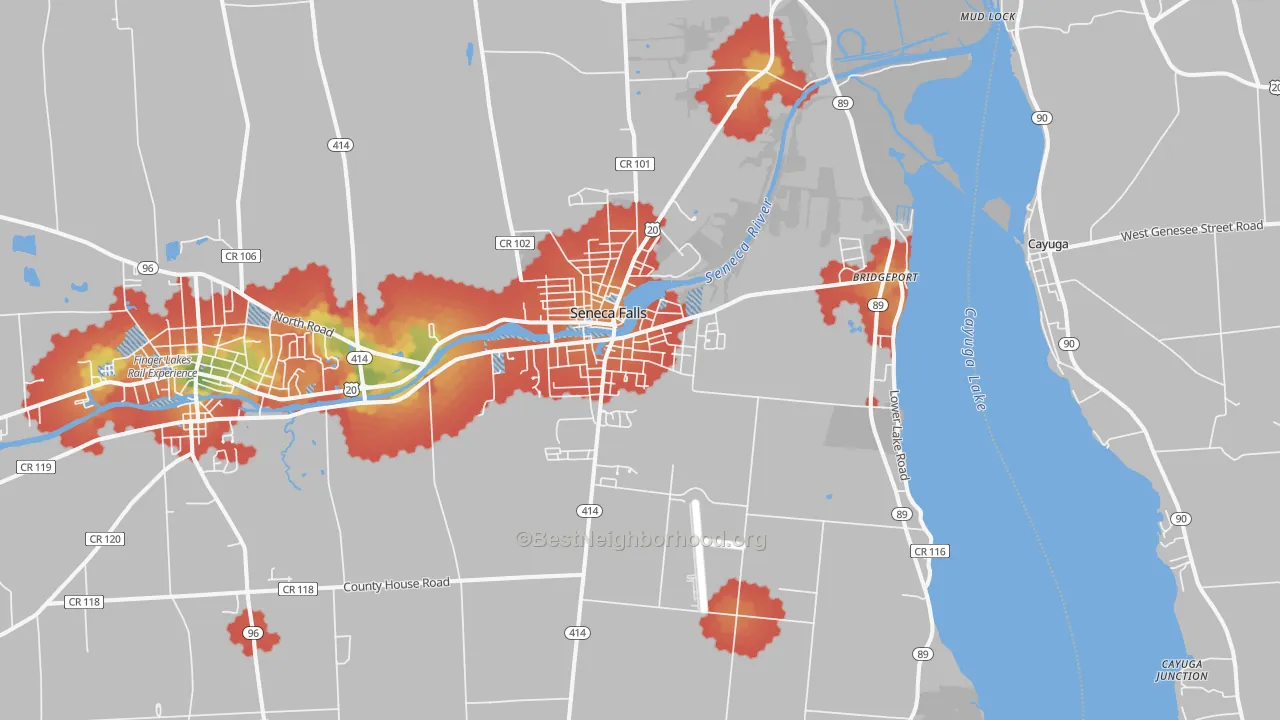 Walk Grade map of Seneca Falls, NY, walkable areas in green and car-dependent areas in red