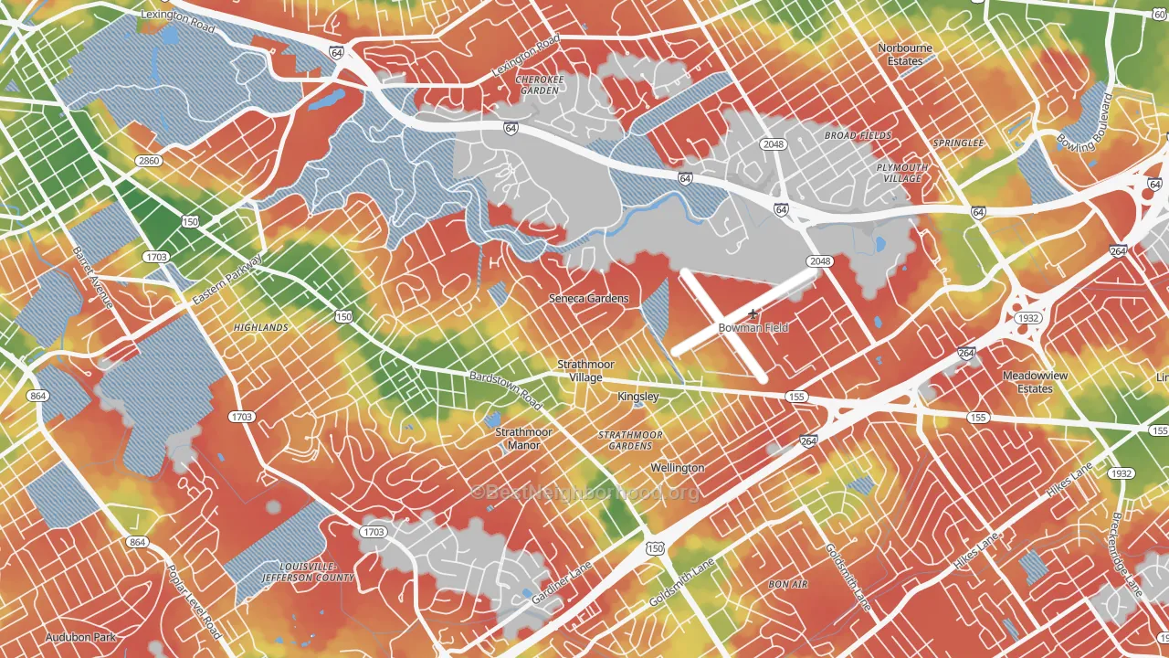 Walk Grade map of Seneca Gardens, KY, walkable areas in green and car-dependent areas in red
