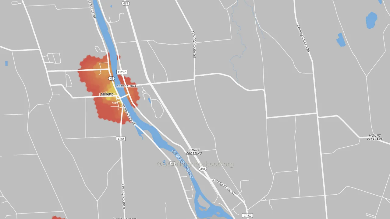 Walk Grade map of Seneca Hill, NY, walkable areas in green and car-dependent areas in red
