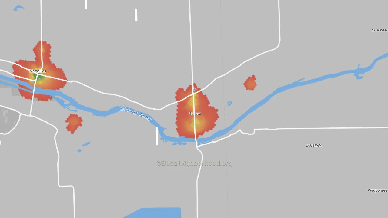 Walk Grade map of Seneca, IL, walkable areas in green and car-dependent areas in red