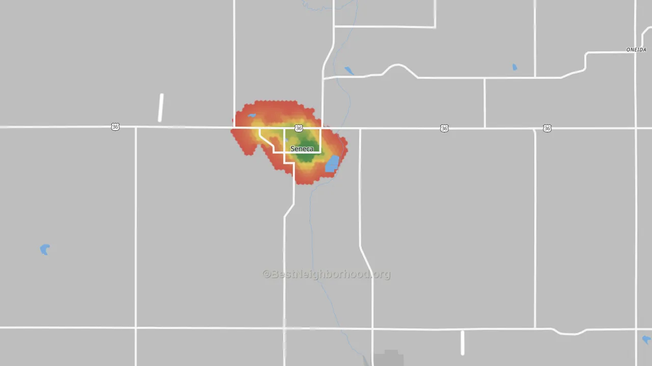 Walk Grade map of Seneca, KS, walkable areas in green and car-dependent areas in red