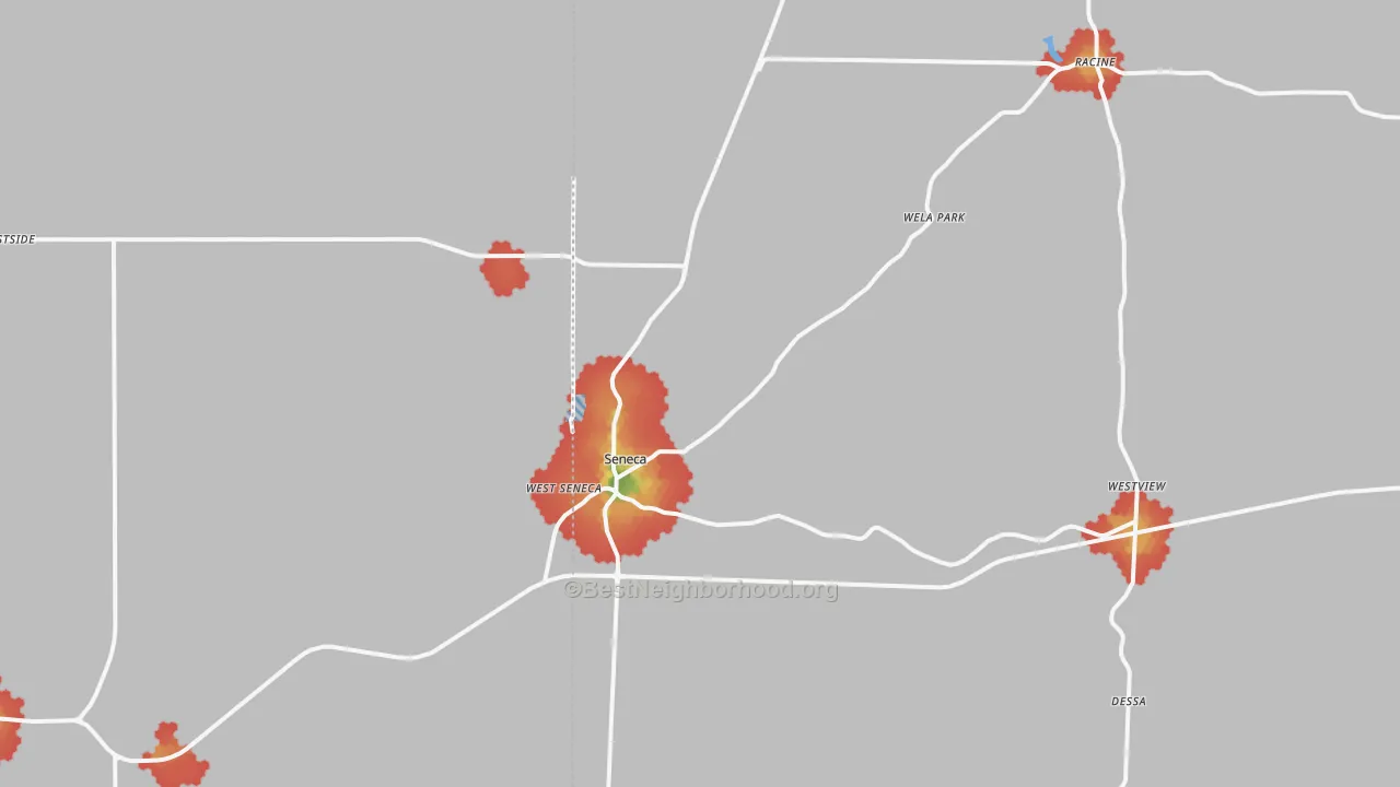 Walk Grade map of Seneca, MO, walkable areas in green and car-dependent areas in red