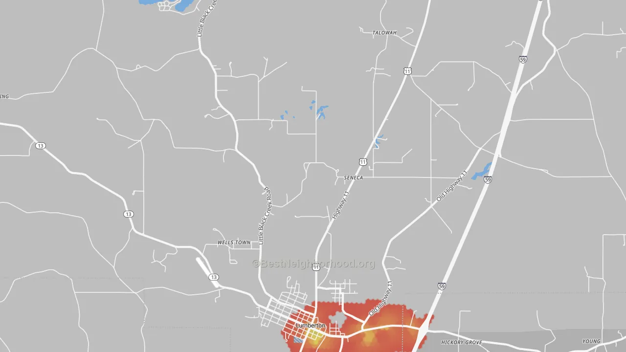 Walk Grade map of Seneca, MS, walkable areas in green and car-dependent areas in red