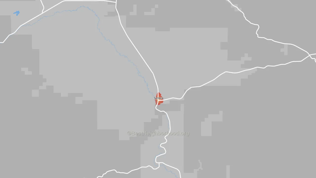 Walk Grade map of Seneca, OR, walkable areas in green and car-dependent areas in red