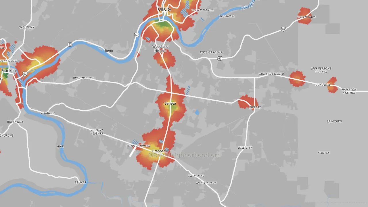 Walk Grade map of Seneca, PA, walkable areas in green and car-dependent areas in red
