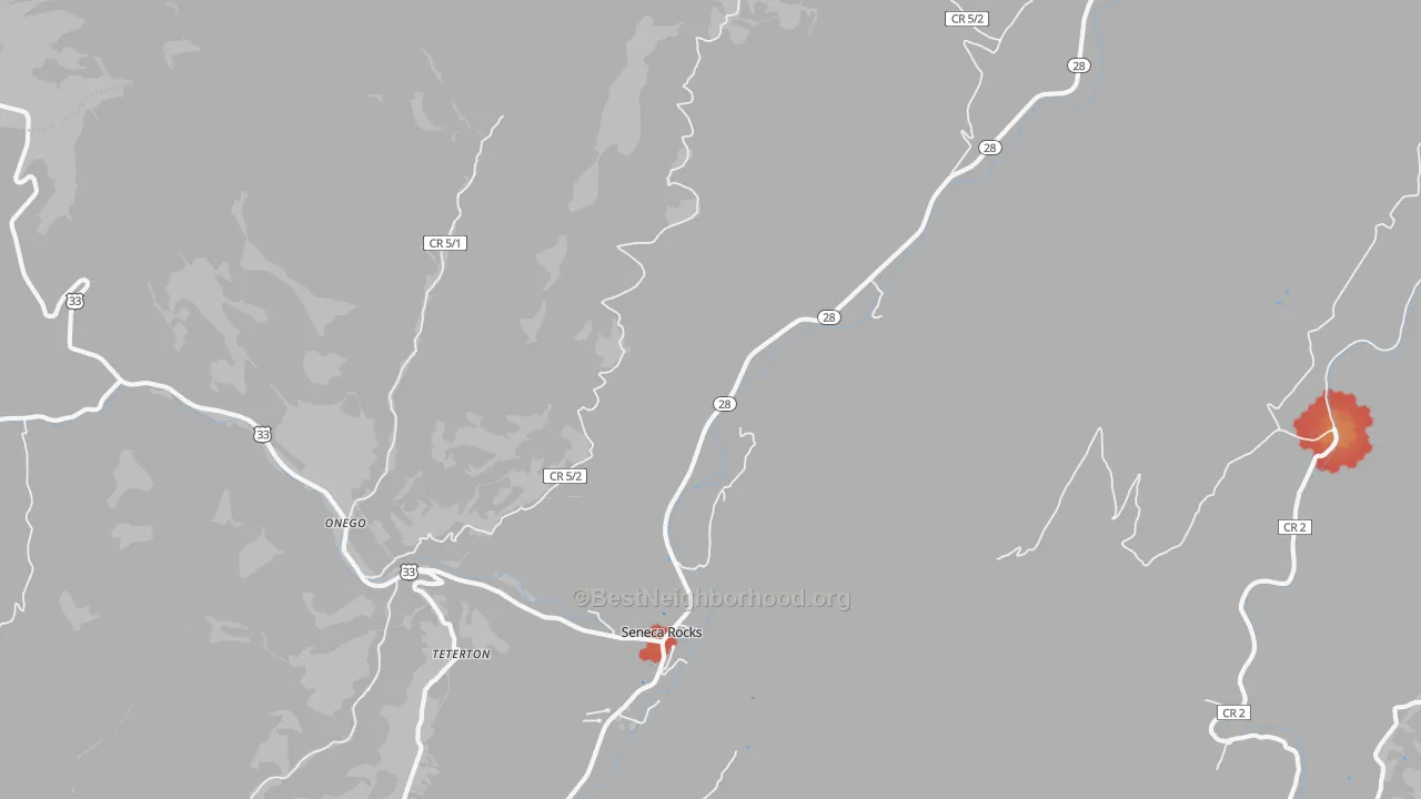 Walk Grade map of Seneca Rocks, WV, walkable areas in green and car-dependent areas in red